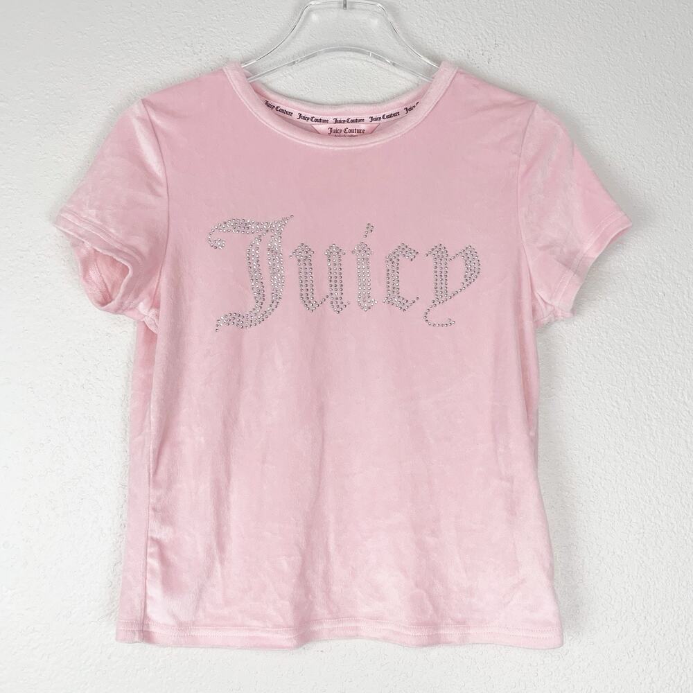 Juicy Couture Shirt Womens Medium Velour Pink Lounge Bling Top Y2K Baby Tee Soft
